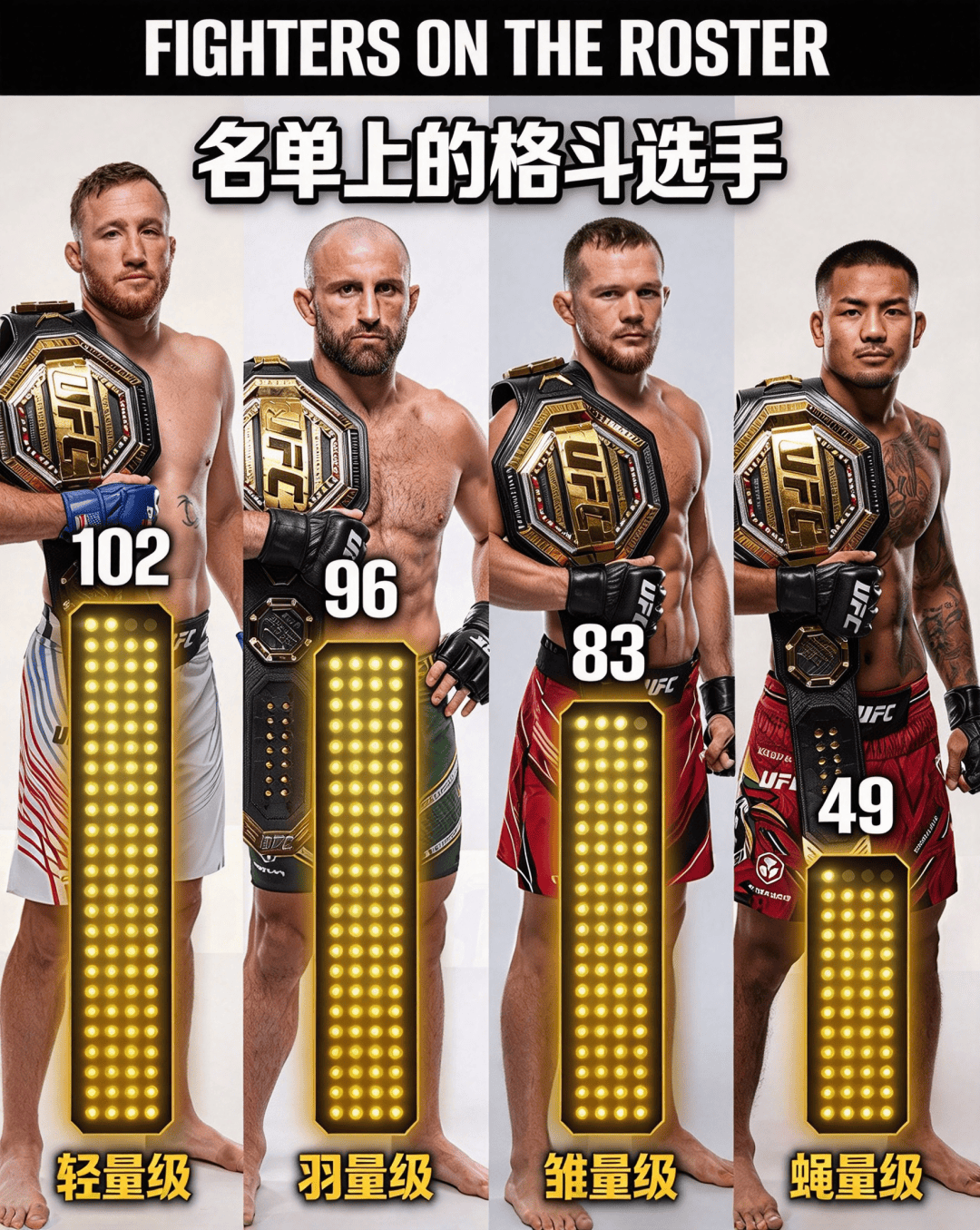 UFC各量级在册选手数量对比