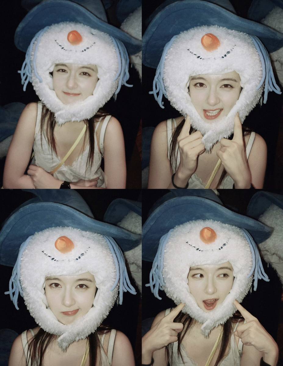 李兰迪戴雪人毛绒帽游玩自拍 可爱鲜活元气满满